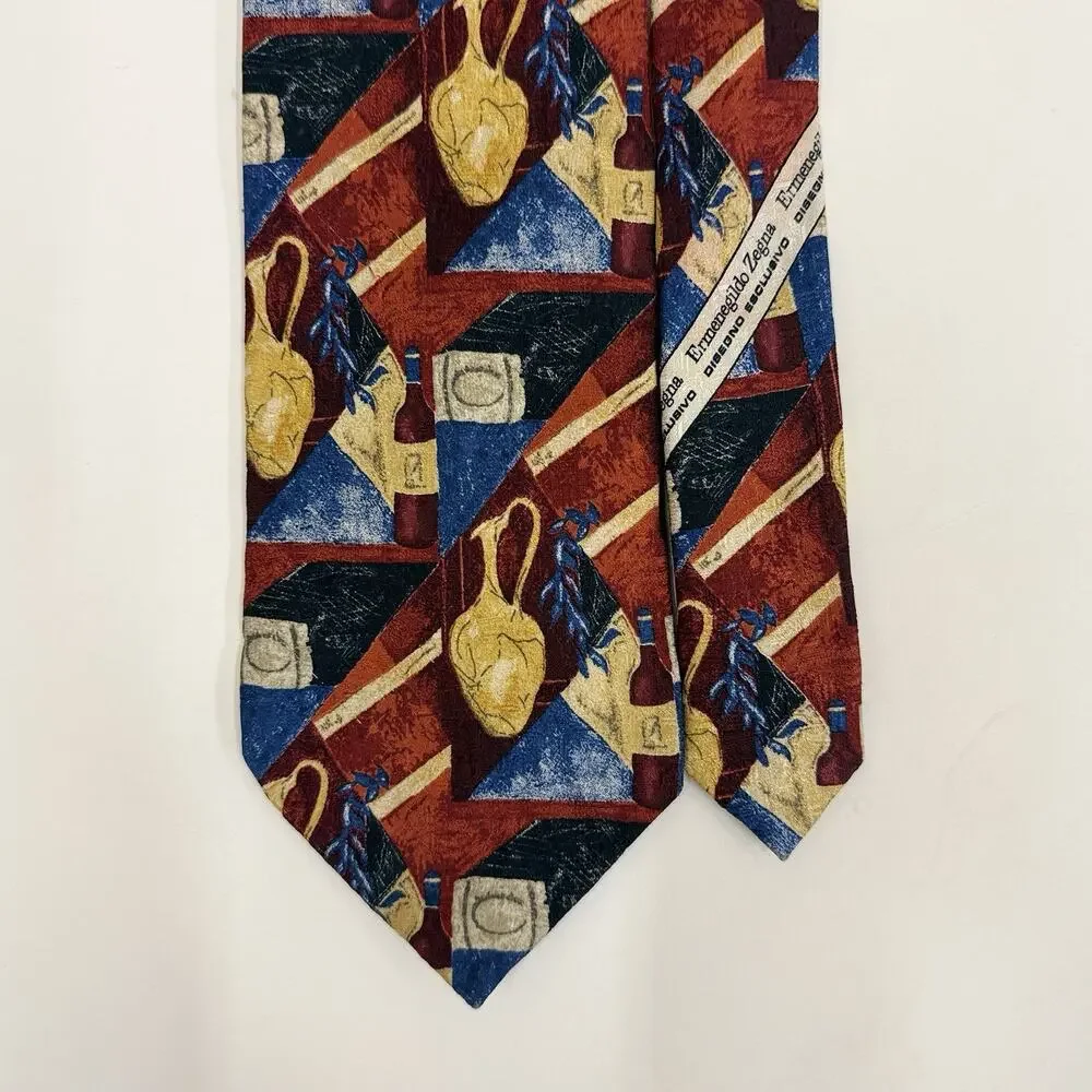 Ermenegildo Zegna Mens Silk Tie Wine Amphora Abstract Art Red Blue Gold Italy